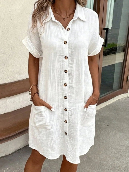 Casual Button Down Cotton Shirt Dress with Pockets White