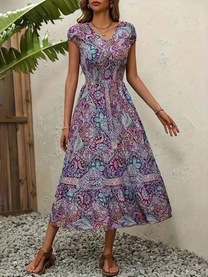 Plus Size Printed V-Neck Short Sleeve Midi Dress