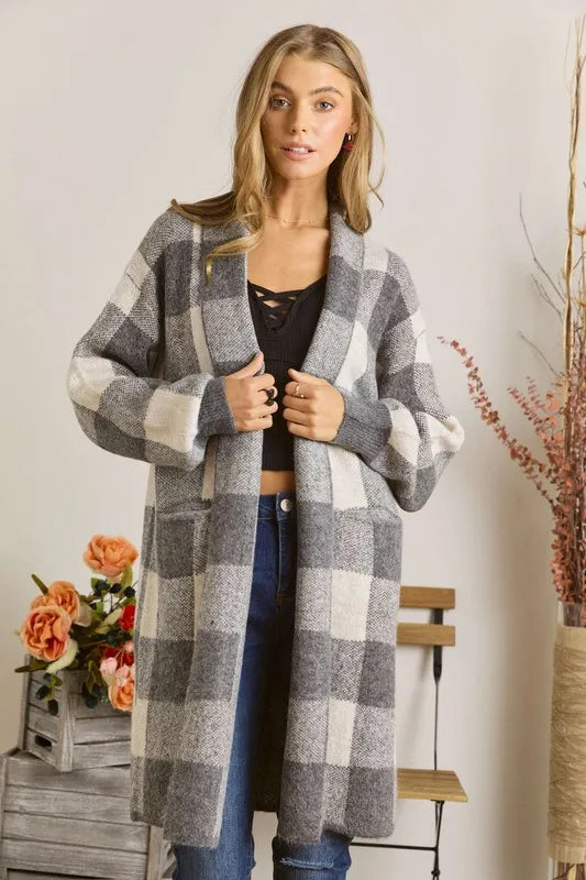 ADORA Full Size Checker Sweater Cardigan Plus Size