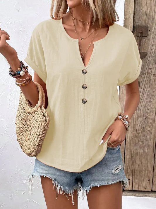 Full Size Notched Short Sleeve Top Plus Size Apricot
