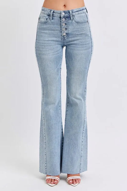 Judy Blue Full Size Mid Rise Rhinestone Side Panel Detail Flare Jeans Plus Size LT