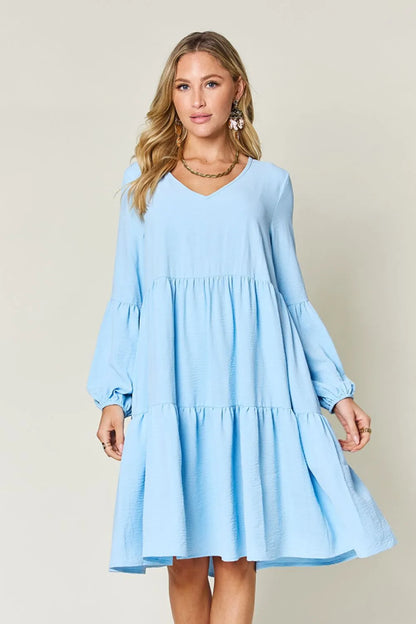 Double Take Full Size V-Neck Balloon Sleeve Tiered Dress with Pockets Light Blue