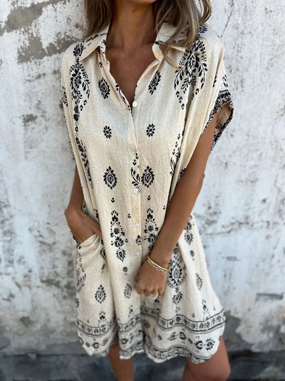 Full Size Printed Short Sleeve Button-Up Shirt Dress Plus Size