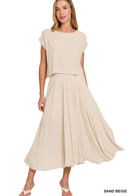 Zenana Woven Crinkle Gauze Crop Tee and Skirt Set SAND BEIGE