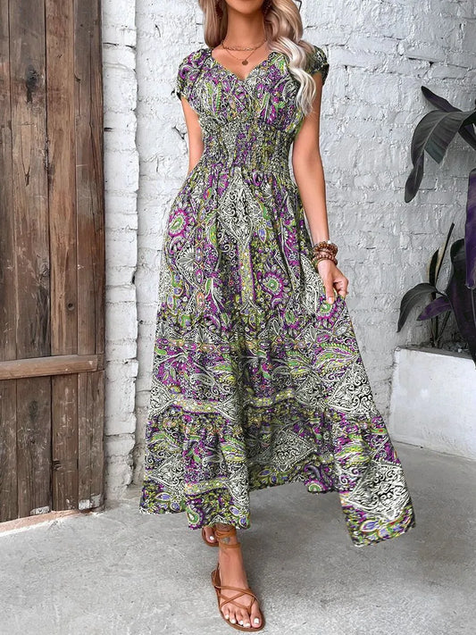 Plus Size Printed V-Neck Short Sleeve Midi Dress Moss
