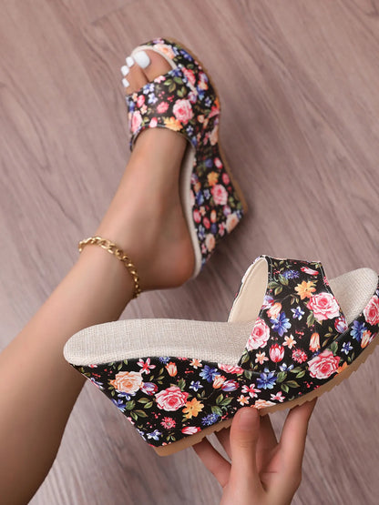 Floral Print Platform Wedge Sandals