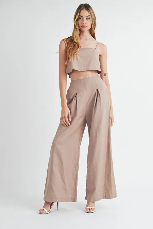 MABLE Linen Mix Crop Cami and Wide Leg Pants Set Mocha