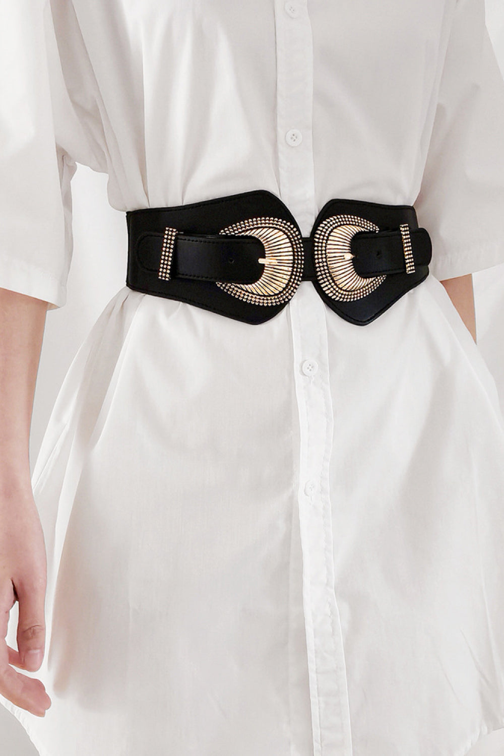 Shell Double Buckle Elastic Wide Belt Black One Size
