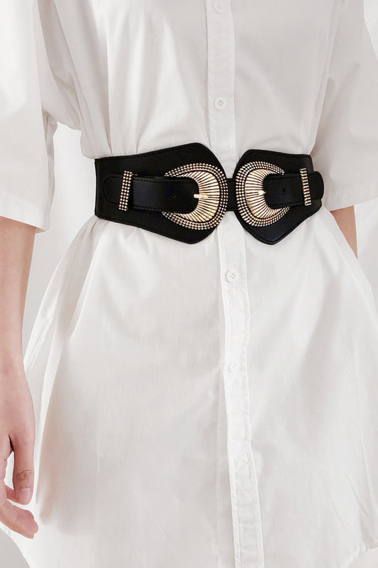 Shell Double Buckle Elastic Wide Belt Black One Size