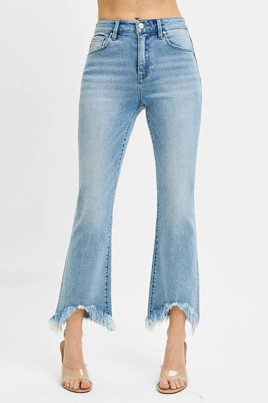 RISEN Full Size High Rise Crop Bootcut Fray Hem Jeans Plus Size LIGHT