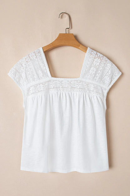 Hollowed Lace Patchwork Square Neck Short Sleeve Blouse