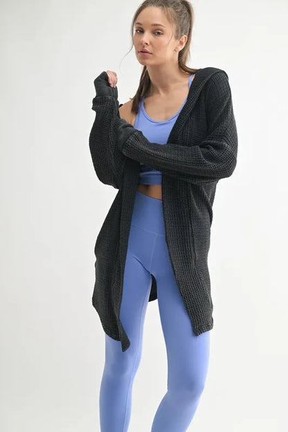 MONO B Chunky Waffle Mineral Wash Hooded Open Cardigan Black